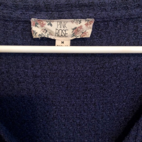 Pink Rose Navy Blue Short Sleeve Tie Front Top - Picture 2 of 3